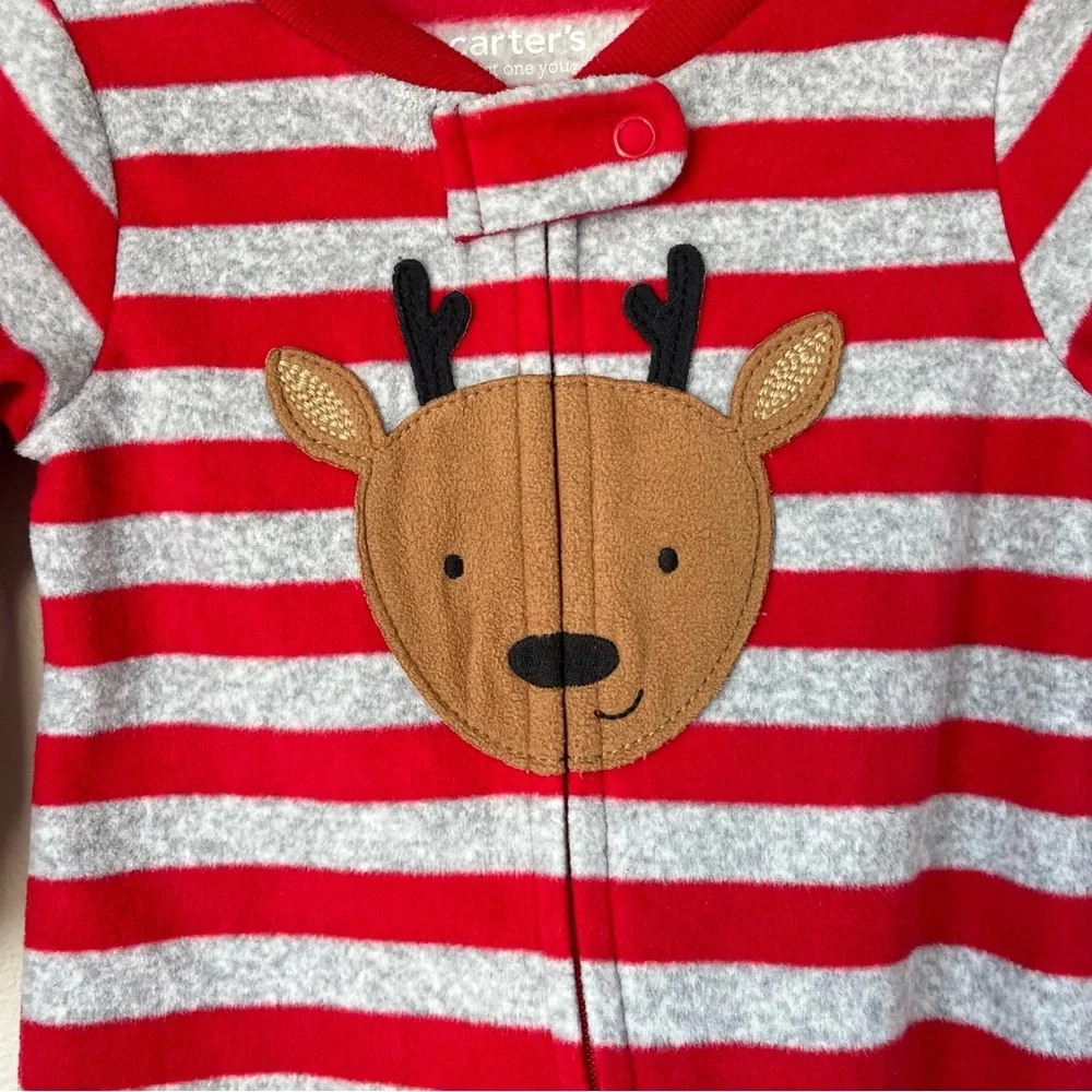 Carter's Baby 6M Red & Gray Striped Fleece Footie Cute Reindeer Feet Holiday